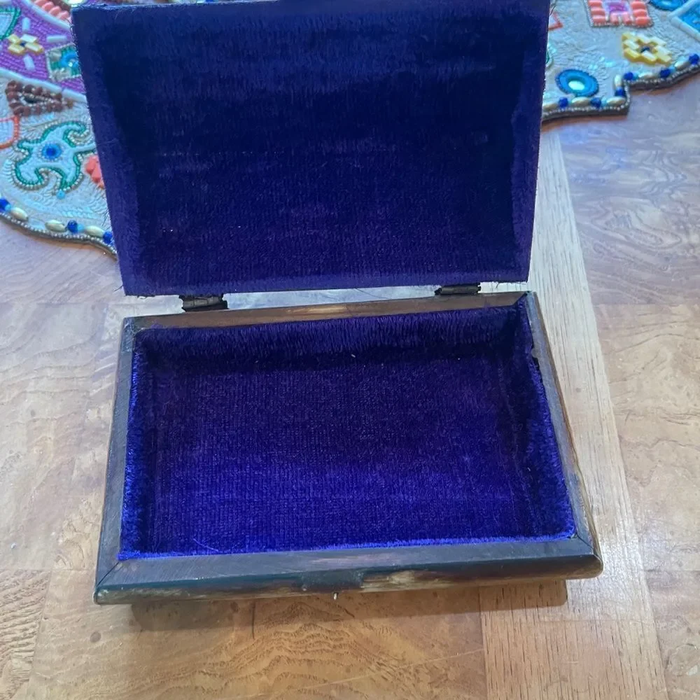 Vintage Horn-Inlay Trinket Box with Brass Accents & Velvet Lining – 6.5”